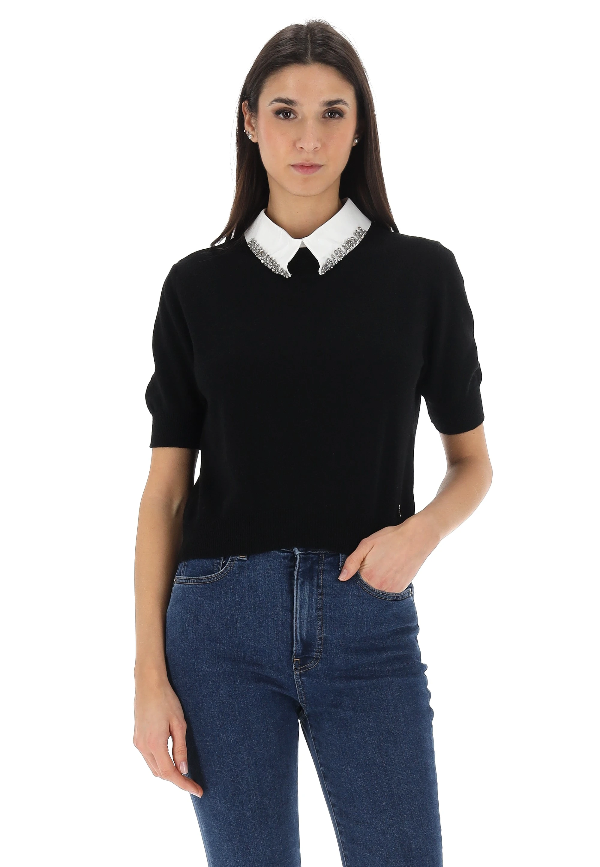 Pullover mezza manica èks con colletto strass